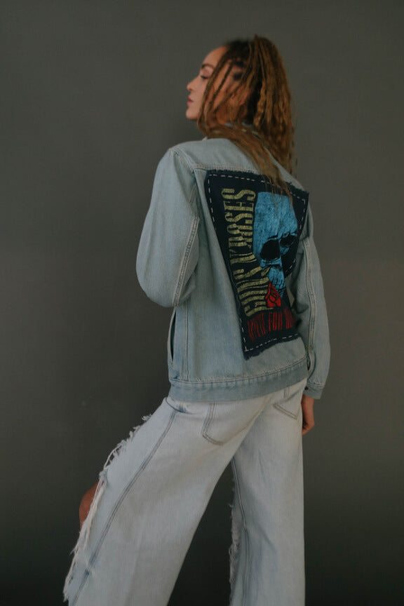 Guns N Roses Flower Skull Hand Stitched Blue Denim Womens Jacket