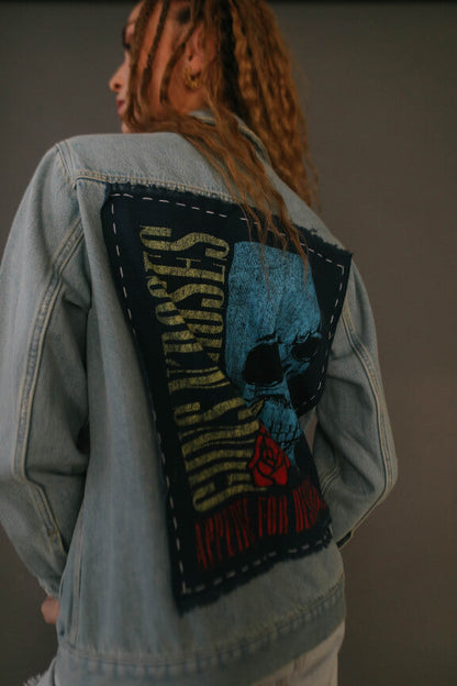 Guns N Roses Flower Skull Hand Stitched Blue Denim Womens Jacket