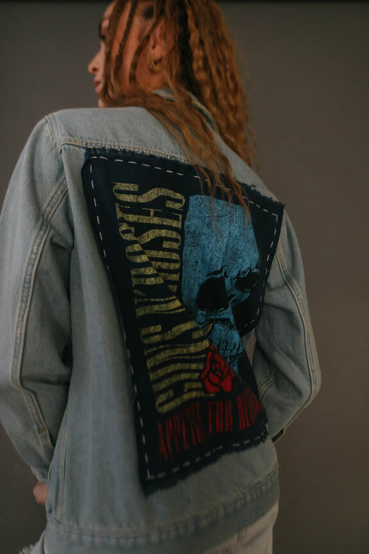 Guns N Roses Flower Skull Hand Stitched Blue Denim Womens Jacket