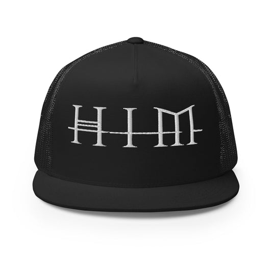 HIM Logo Flat Brim Adjustable Trucker Hat Black