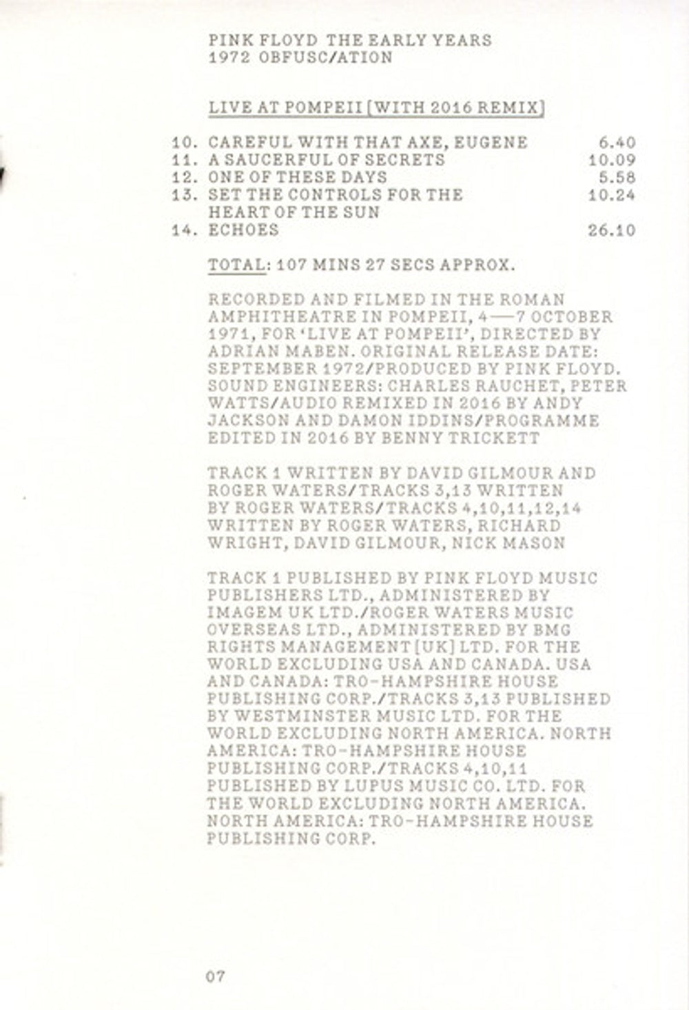 Pink Floyd – 1972 Obfusc/Ation (2-CD/DVD/Blu-ray)