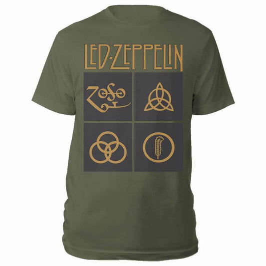 Led Zeppelin Gold Symbols in Black Square Mens T Shirt Green Officially Licensed