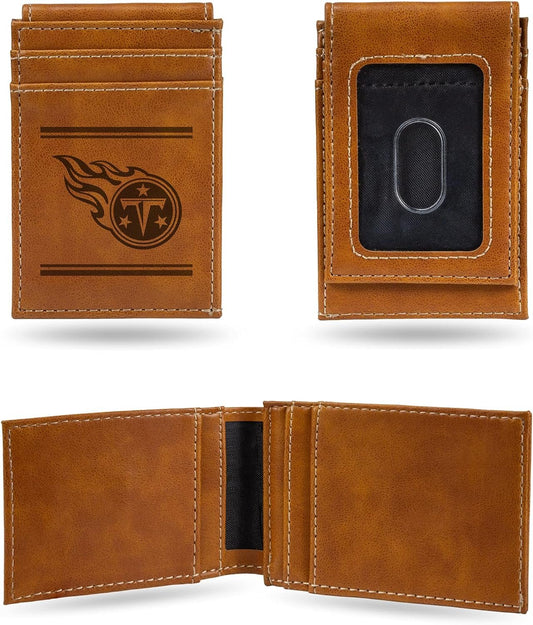 Rico Industries NFL Tennessee Titans Premium Laser Engraved Vegan Brown Leather Front Pocket Wallet - Compact and Slim yet Sturdy Design - Perfect to Show Your Team Pride or Gift