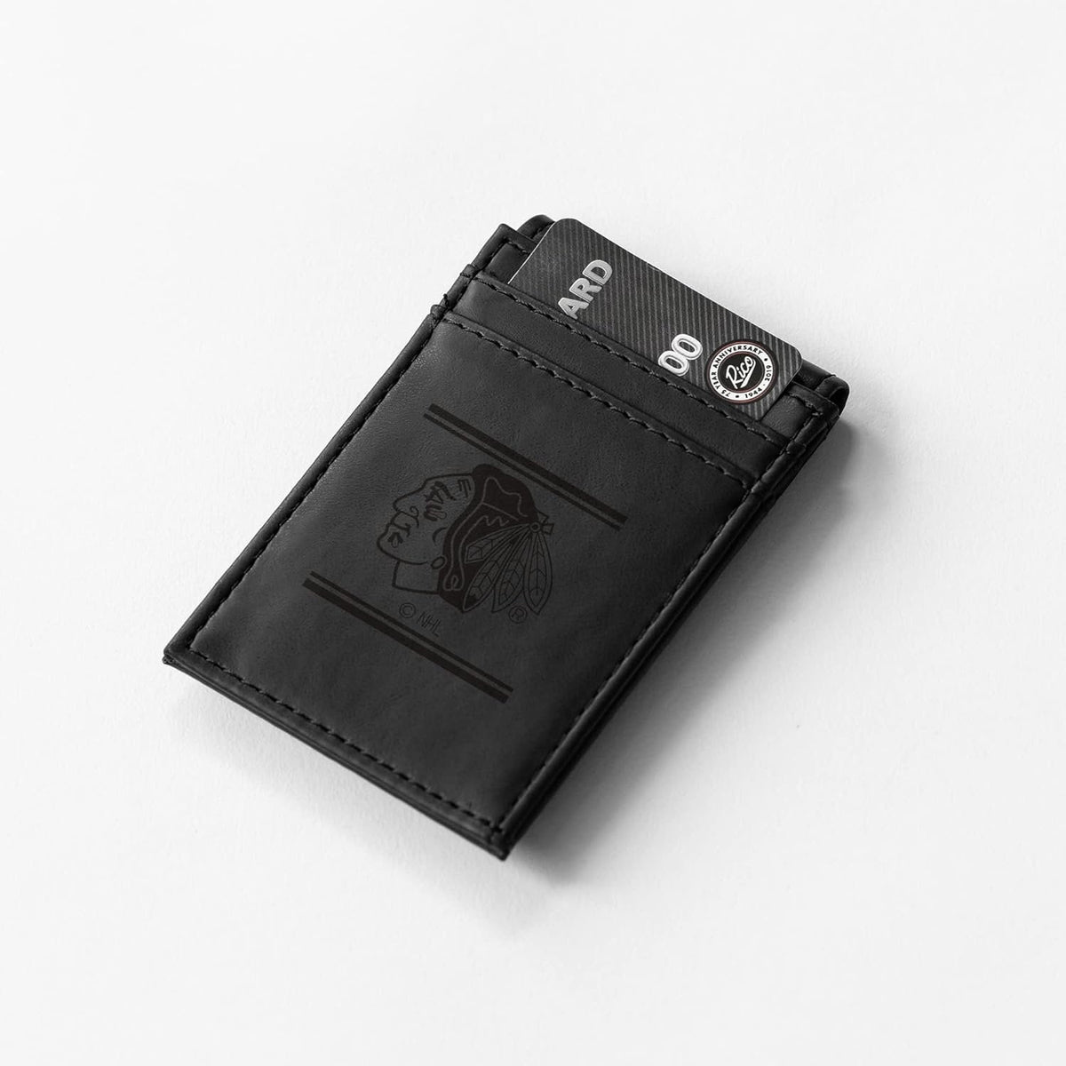 Chicago Blackhawks Premium Black Leather Wallet, Front Pocket Magnetic Money Clip, Laser Engraved, Vegan