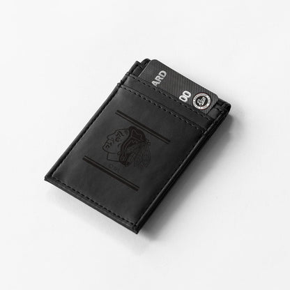 Chicago Blackhawks Premium Black Leather Wallet, Front Pocket Magnetic Money Clip, Laser Engraved, Vegan