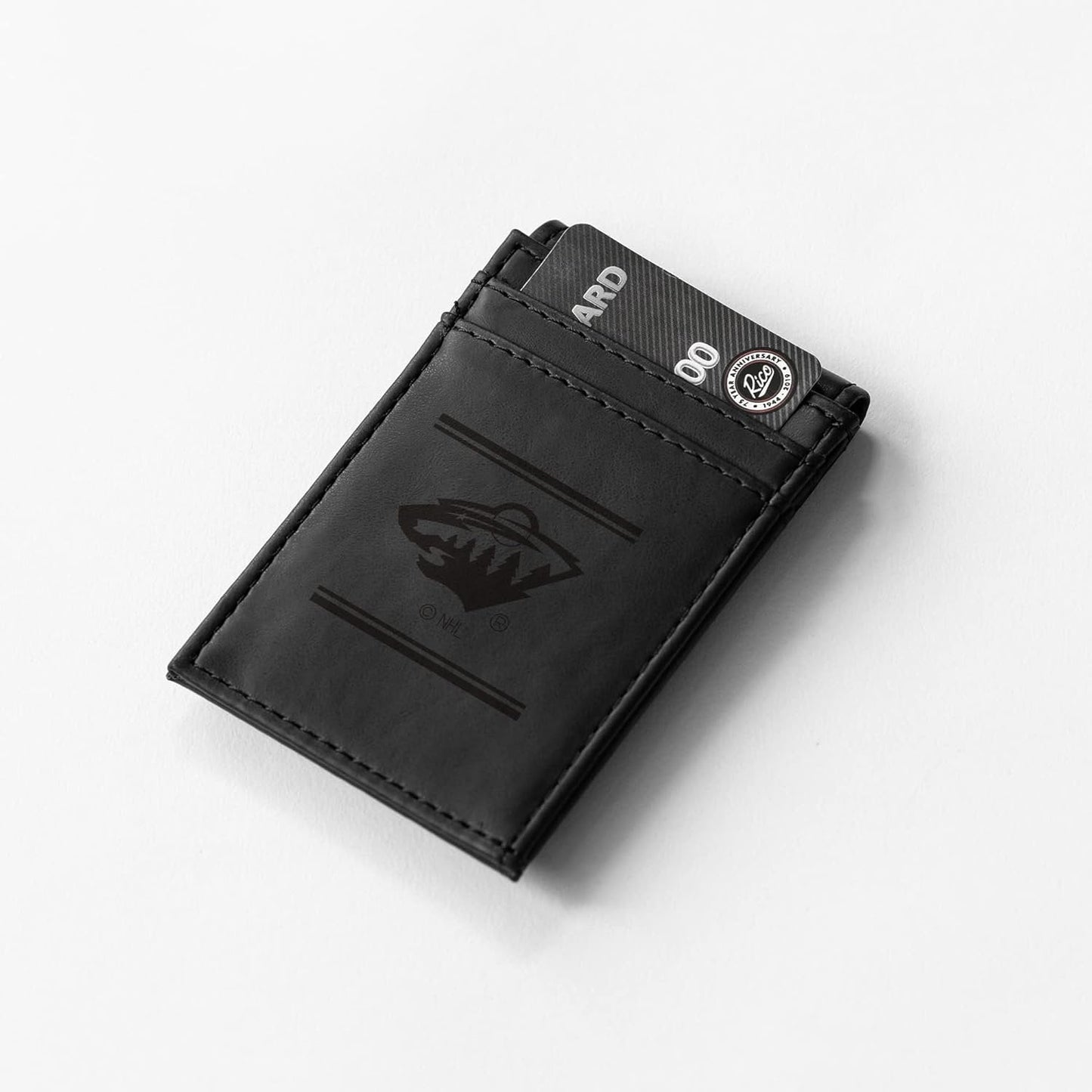 Minnesota Wild Premium Black Leather Wallet, Front Pocket Magnetic Money Clip, Laser Engraved, Vegan