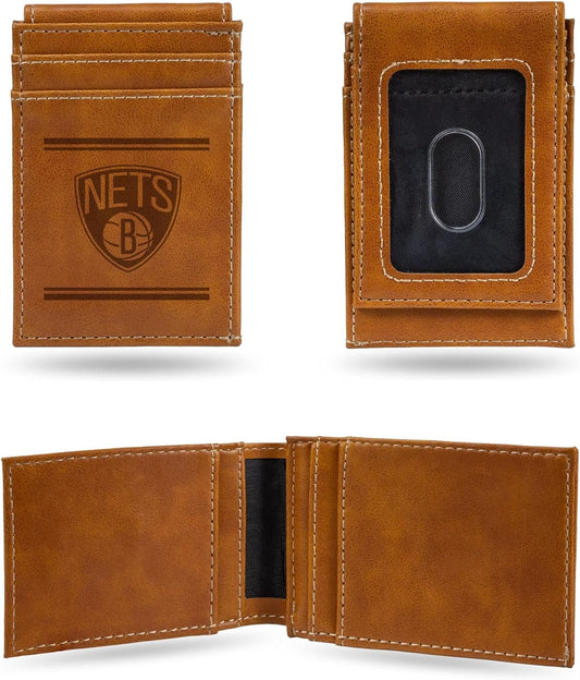 Rico Industries NBA Brooklyn Nets Premium Laser Engraved Vegan Brown Leather Front Pocket Wallet - Compact and Slim yet Sturdy Design - Perfect to Show Your Team Pride or Gift