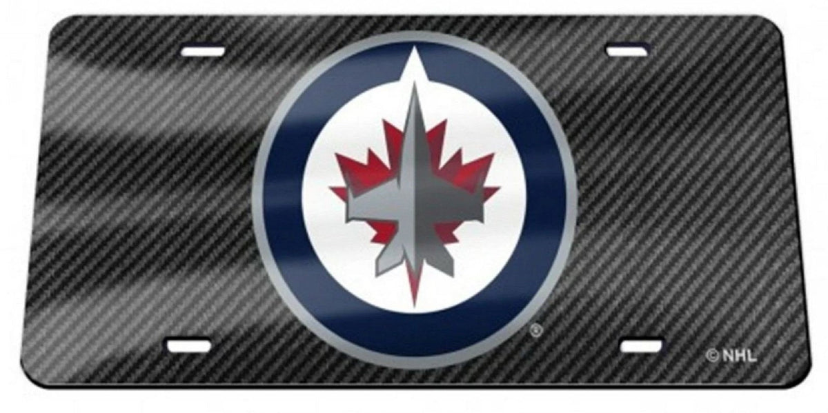 Winnipeg Jets Premium Laser Cut Tag License Plate, Carbon Fiber Design, Mirrored Acrylic Inlaid, 12x6 Inch
