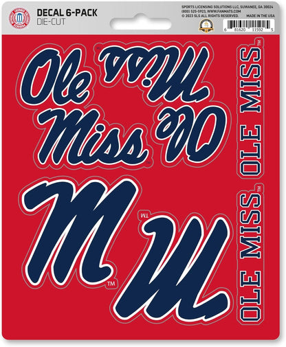 University of Mississippi Ole Miss Rebels 6-Piece Decal Sticker Set, 5x6 Inch Sheet, Gift for football fans for any hard surfaces around home, automotive, personal items
