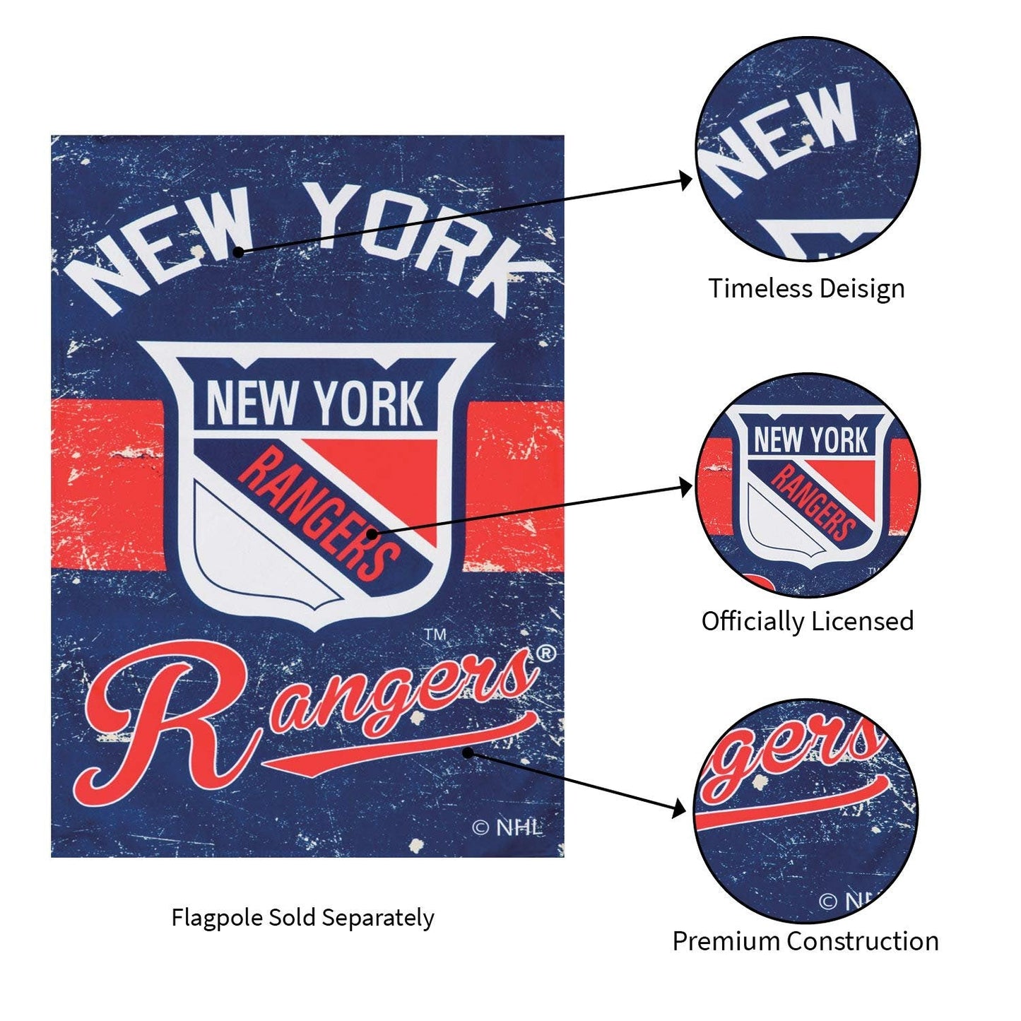 New York Rangers Premium Double Sided Banner Vertical House Flag, Vintage Styling with Retro Logo, 28x44 Inch, Display Stand Sold Seperately, Officially Licensed