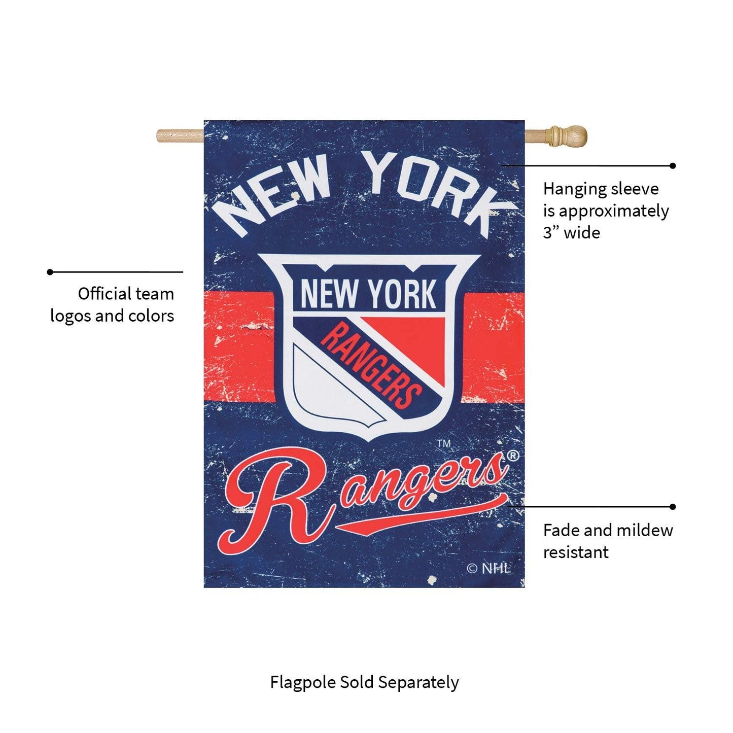New York Rangers Premium Double Sided Banner Vertical House Flag, Vintage Styling with Retro Logo, 28x44 Inch, Display Stand Sold Seperately, Officially Licensed