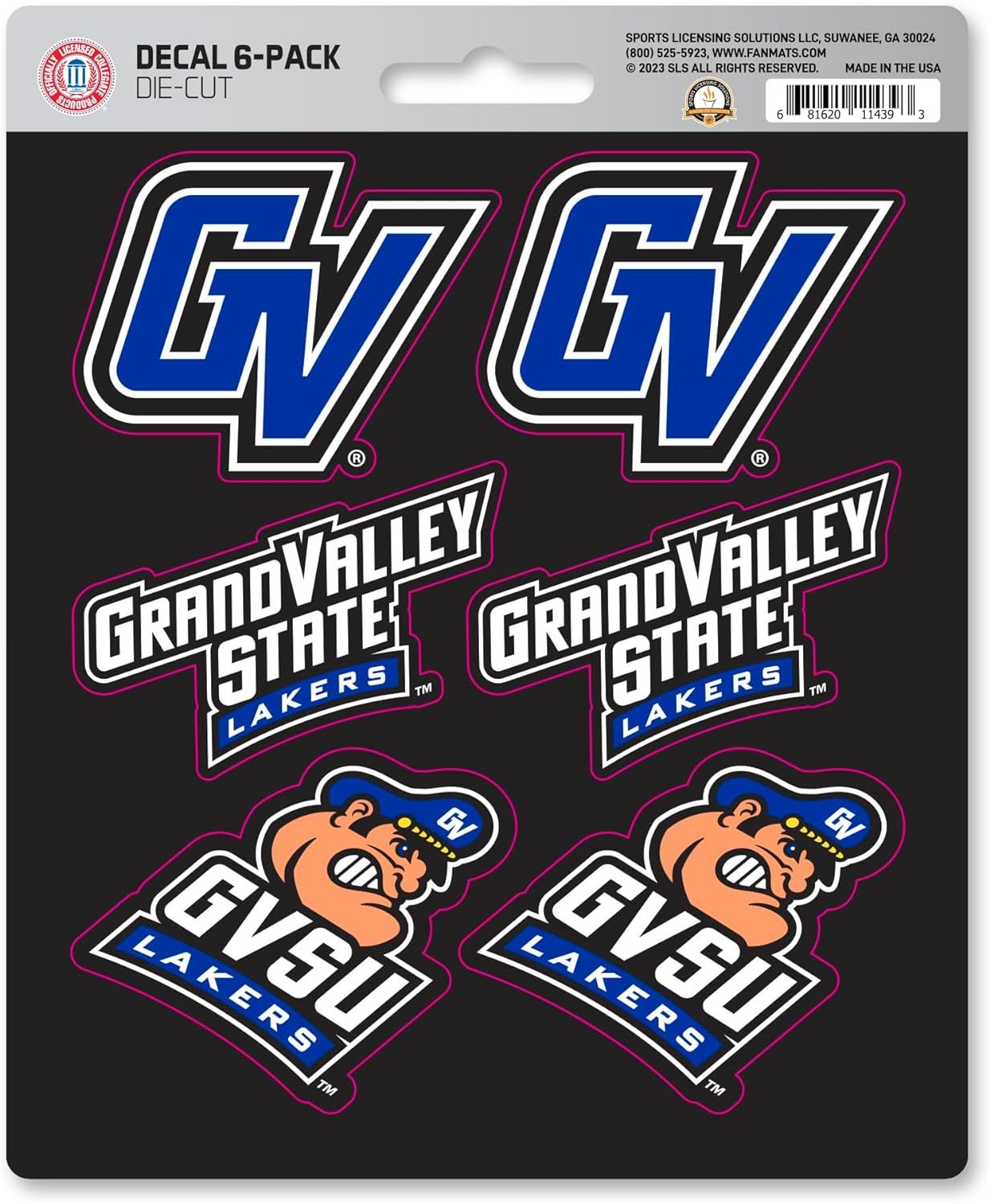 Grand Valley State University Lakers 6-Piece Decal Sticker Set, 5x6 Inch Sheet, Gift for football fans for any hard surfaces around home, automotive, personal items