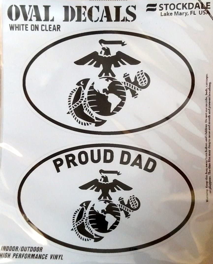 U.S. Marines, Proud Dad, 2-Piece White and Clear Euro Decal Sticker Set, 4x2.5 Inch Each, United States Military