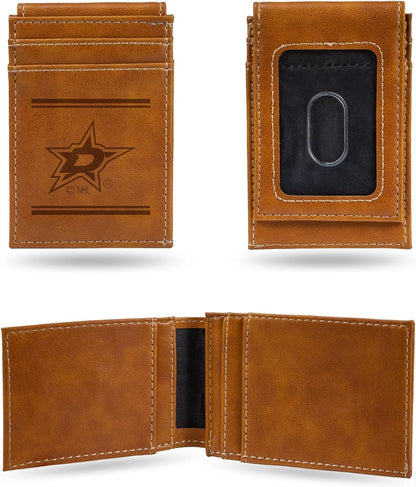 Rico Industries NHL Dallas Stars Premium Laser Engraved Vegan Brown Leather Front Pocket Wallet - Compact and Slim yet Sturdy Design - Perfect to Show Your Team Pride or Gift