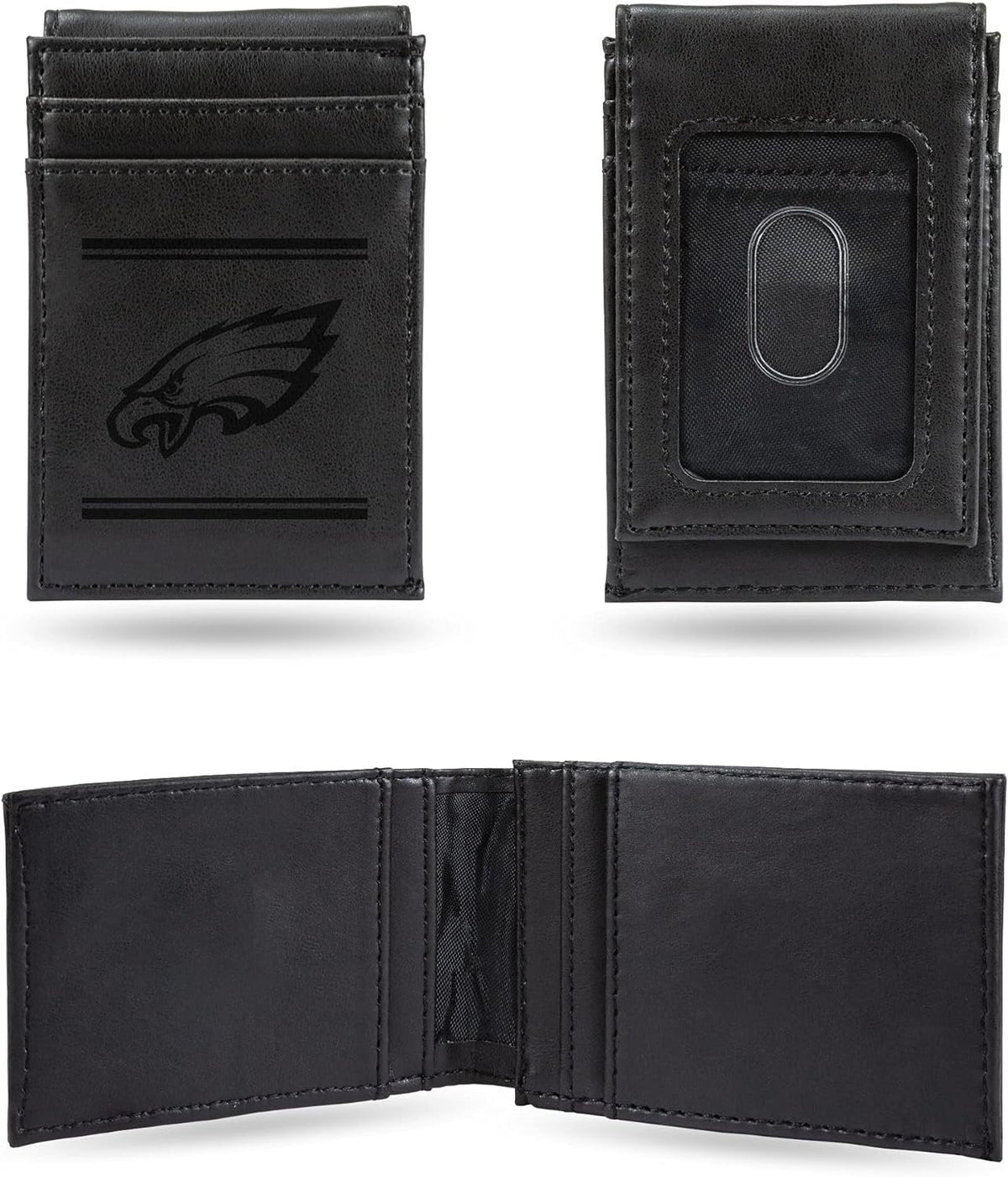 Philadelphia Eagles Premium Black Leather Wallet, Front Pocket Magnetic Money Clip, Laser Engraved, Vegan