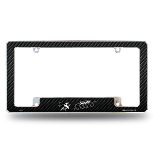 San Jose Sharks Metal License Plate Frame Chrome Tag Cover, Carbon Fiber Design, 6x12 Inch