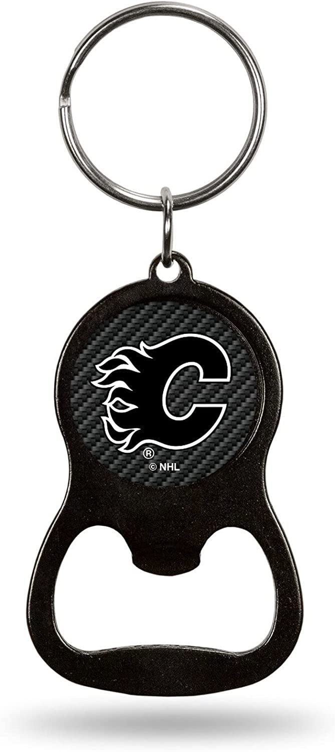 Calgary Flames Keychain Bottle Opener Carbon Fiber Design Metal Hockey