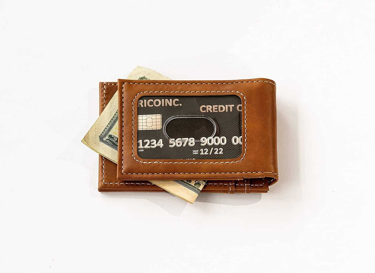 Baylor University Bears Premium Brown Leather Wallet, Front Pocket Magnetic Money Clip, Laser Engraved, Vegan
