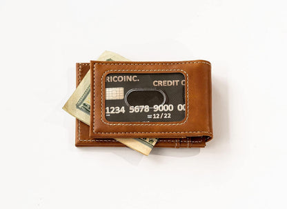 Detroit Lions Premium Brown Leather Wallet, Front Pocket Magnetic Money Clip, Laser Engraved, Vegan