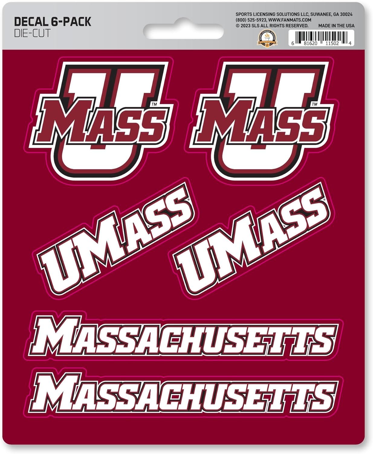 University of Massachusettes Umass Minutemen 6-Piece Decal Sticker Set, 5x6 Inch Sheet, Gift for football fans for any hard surfaces around home, automotive, personal items