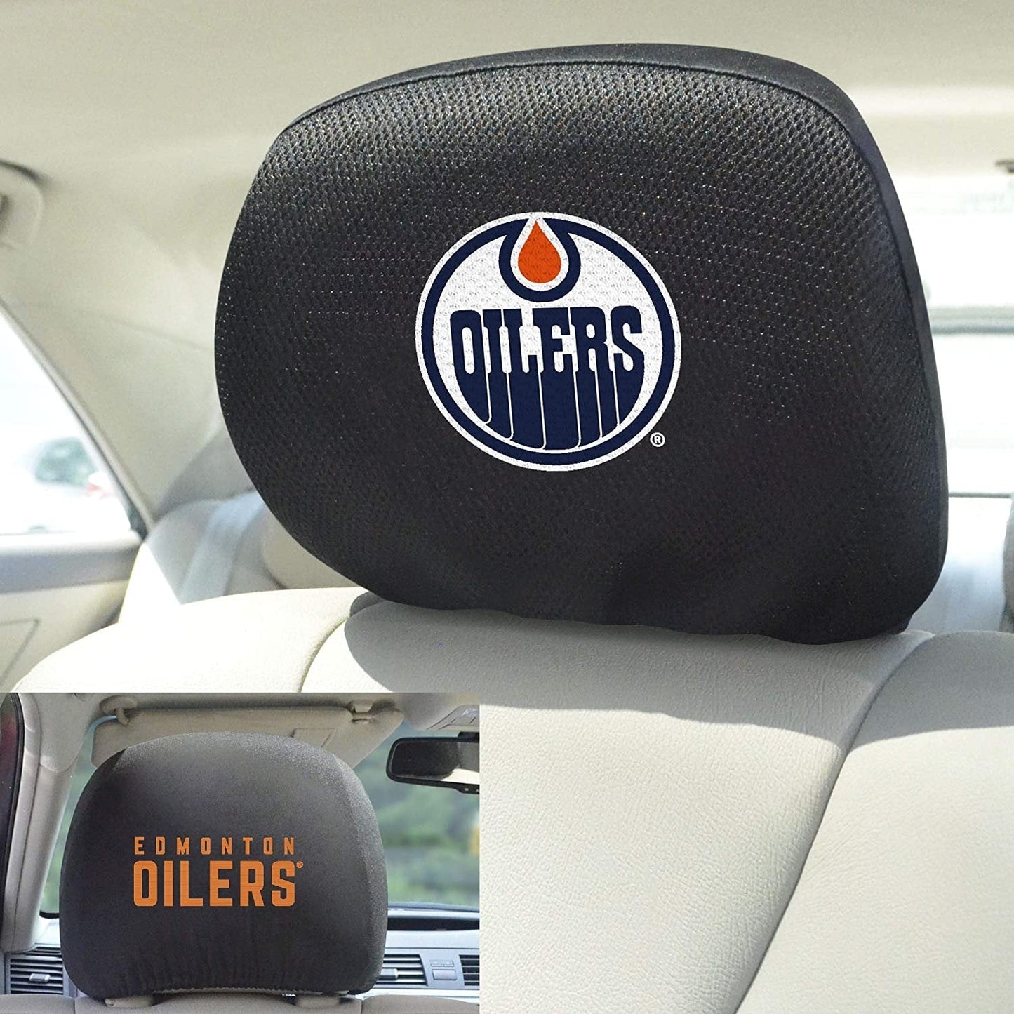 Edmonton Oilers Pair of Premium Auto Head Rest Covers, Embroidered, Black Elastic, 14x10 Inch