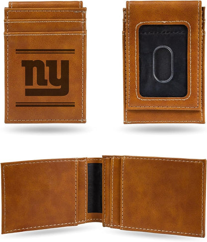 Rico Industries NFL New York Giants Premium Laser Engraved Vegan Brown Leather Front Pocket Wallet - Compact and Slim yet Sturdy Design - Perfect to Show Your Team Pride or Gift