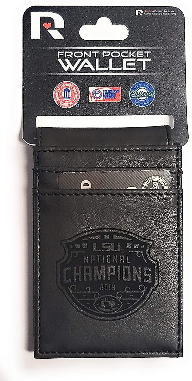 Louisiana State University LSU Tigers 2019 Champions Black Leather Wallet, Front Pocket Magnetic Money Clip, Printed Logo