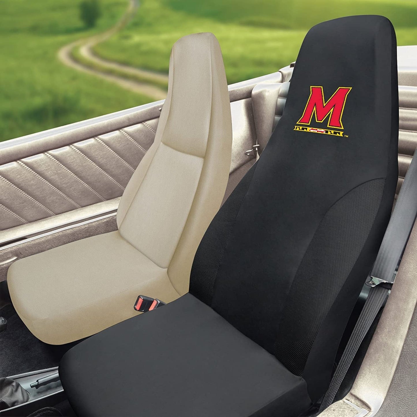 University of Maryland Terrapins Premium Embroidered Black Auto Bucket Seat Cover, 48x20 Inch, Elastic