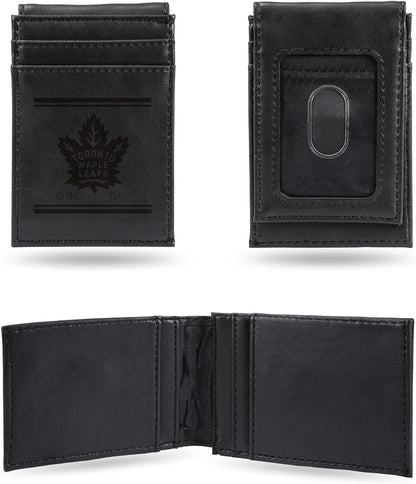 Toronto Maple Leafs Premium Black Leather Wallet, Front Pocket Magnetic Money Clip, Laser Engraved, Vegan
