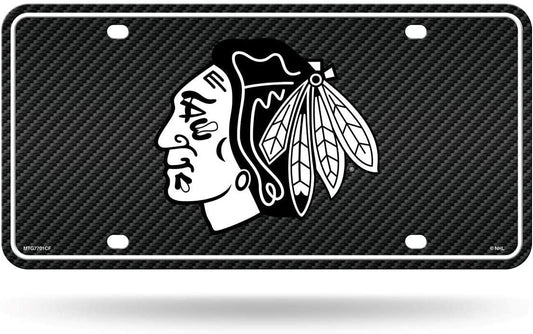 Chicago Blackhawks Metal Auto Tag License Plate, Carbon Fiber Design, 6x12 Inch