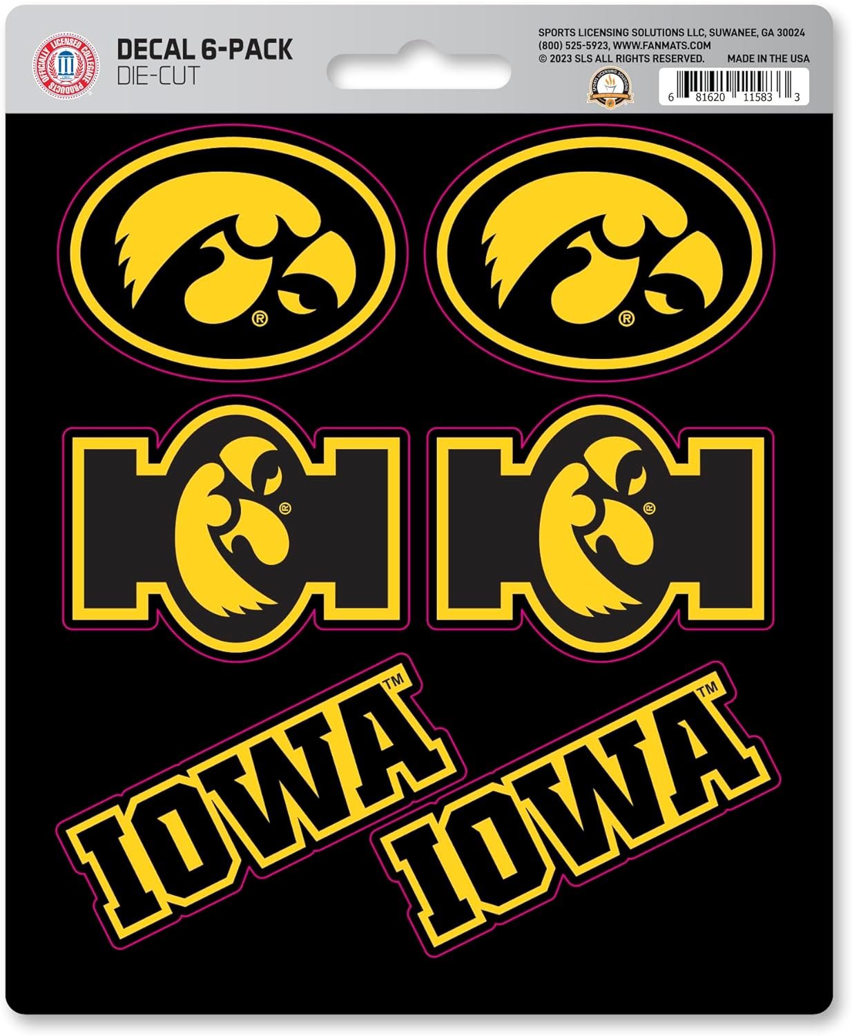 University of Iowa DECAL6-NCAA Decal Stickers 6-Piece Set - Great Gift for Sports Fans - Works On Hard Surfaces - for Homes, Cars, Trucks, SUVs, Personal Items, Laptops, Cell Phones