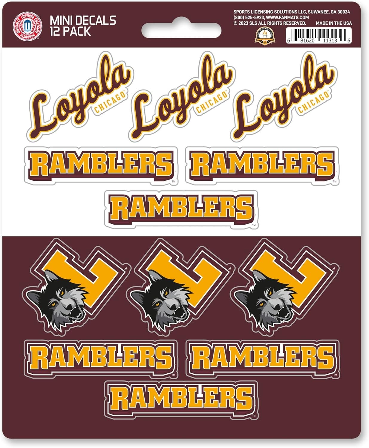 Loyola University Chicago Ramblers 12-Piece Mini Decal Sticker Set, 5x6 Inch Sheet, Gift for football fans for any hard surfaces around home, automotive, personal items