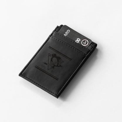 Pittsburgh Penguins Premium Black Leather Wallet, Front Pocket Magnetic Money Clip, Laser Engraved, Vegan