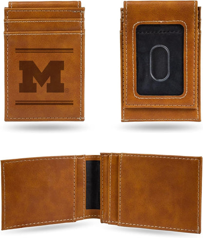 NCAA Michigan Wolverines Men’s Front ID Pocket Brown Wallet- Premium 8 Pocket Laser-Engraved Team Logo on Vegan Leather- Minimalist Design, Credit Card Holder- Ideal for Travel or Men’s Gift