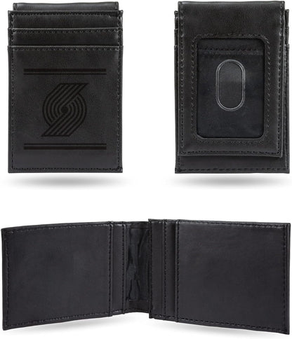 Portland Trail Blazers Premium Black Leather Wallet, Front Pocket Magnetic Money Clip, Laser Engraved, Vegan