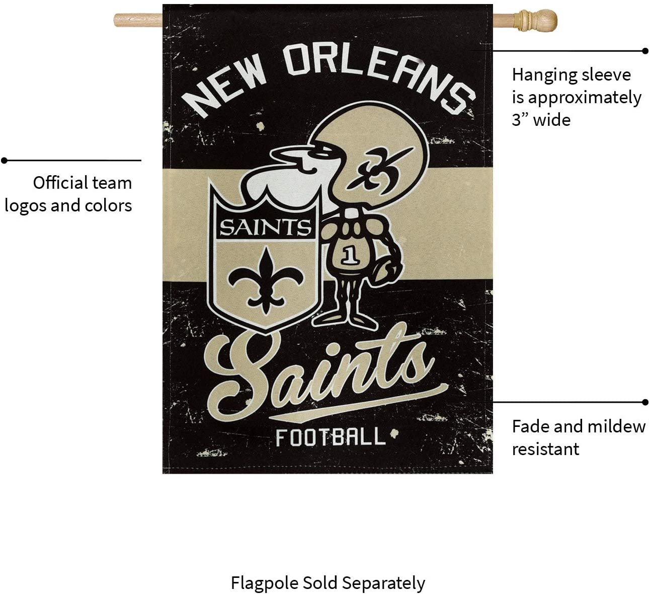 New Orleans Saints Premium House Flag Banner, Double Sided, Retro Vintage Style, Linen, 28x44 Inch