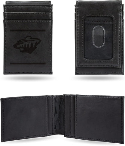Minnesota Wild Premium Black Leather Wallet, Front Pocket Magnetic Money Clip, Laser Engraved, Vegan