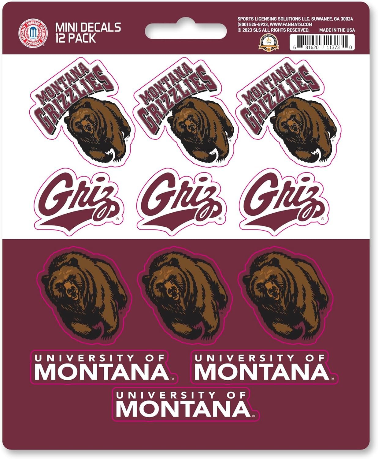 University of Montana Grizzlies 12-Piece Mini Decal Sticker Set, 5x6 Inch Sheet, Gift for football fans for any hard surfaces around home, automotive, personal items