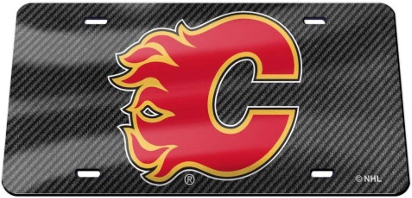 Calgary Flames Premium Laser Cut Tag License Plate, Mega Logo, Carbon Fiber Design, Mirrored Acrylic Inlaid, 12x6 Inch