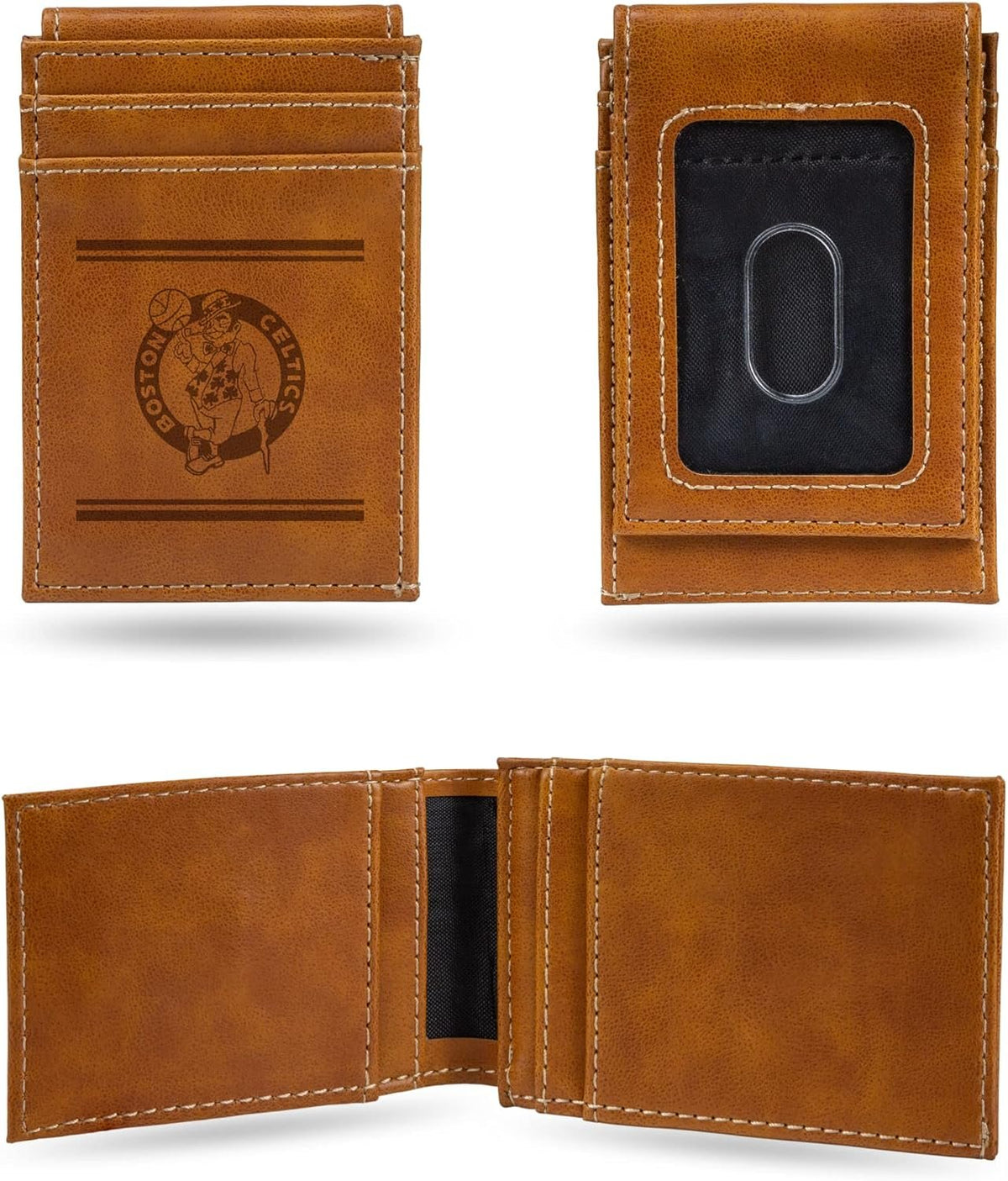 Boston Celtics Premium Brown Leather Wallet, Front Pocket Magnetic Money Clip, Laser Engraved, Vegan