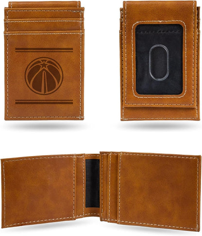 Rico Industries NBA Washington Wizards Premium Laser Engraved Vegan Brown Leather Front Pocket Wallet - Compact and Slim yet Sturdy Design - Perfect to Show Your Team Pride or Gift