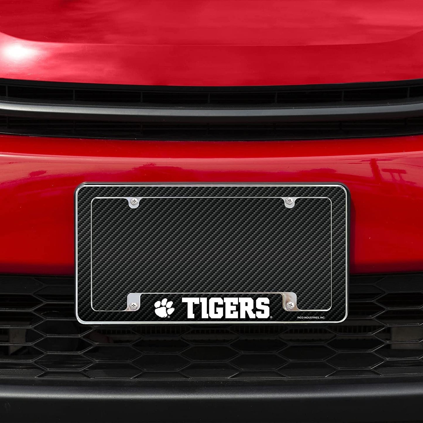 Clemson University Tigers Metal License Plate Frame Chrome Tag Cover Carbon Fiber Design 6x12 Inch