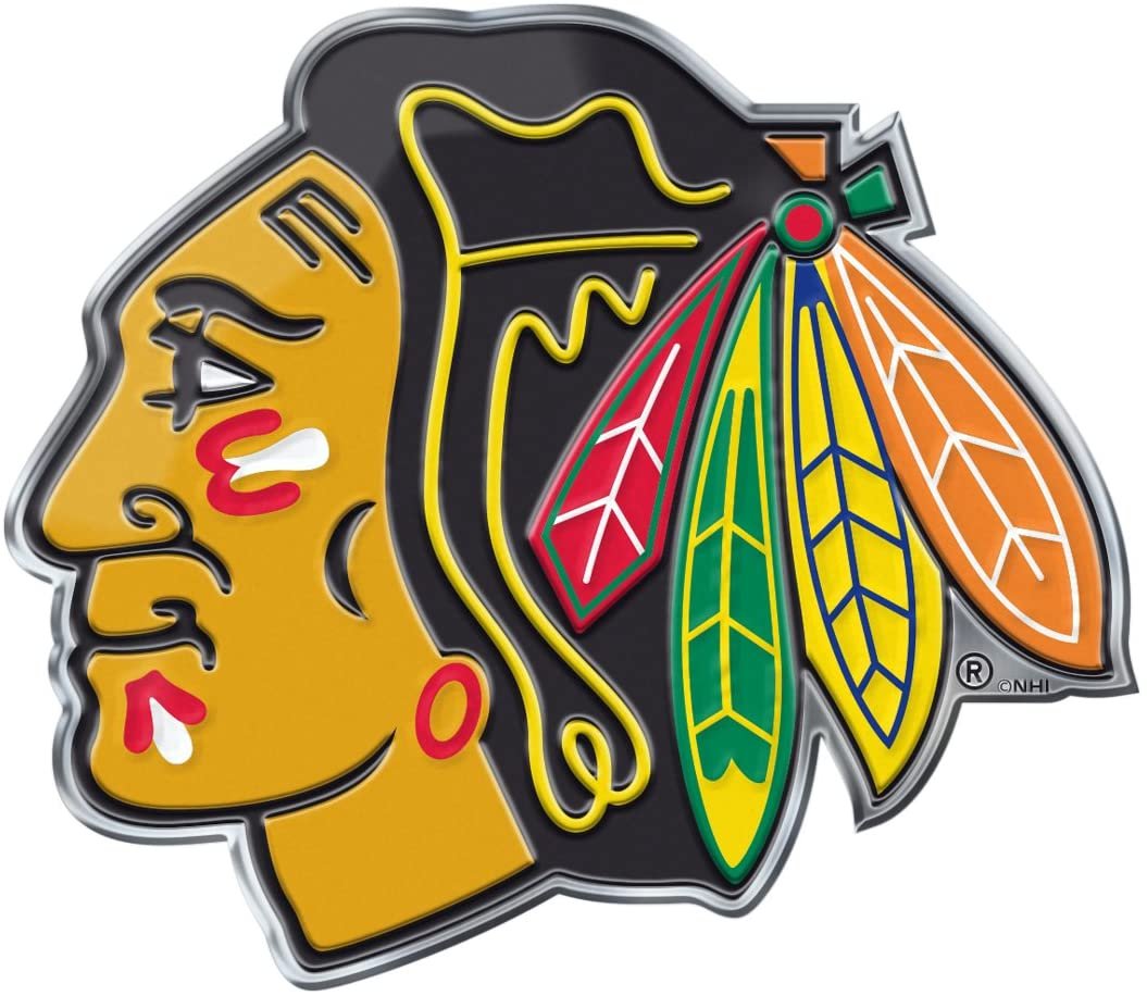 Chicago Blackhawks Auto Emblem, Aluminum Metal, Embossed Team Color, Raised Decal Sticker, Full Adhesive Backing