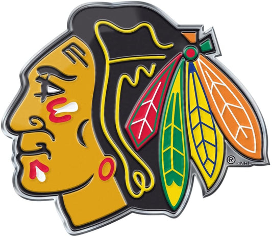 Chicago Blackhawks Auto Emblem, Aluminum Metal, Embossed Team Color, Raised Decal Sticker, Full Adhesive Backing