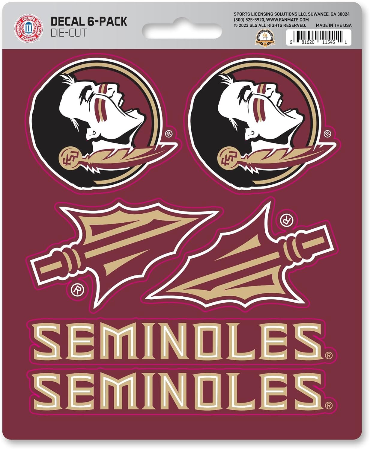 Florida State University Seminoles 6-Piece Decal Sticker Set, 5x6 Inch Sheet, Gift for football fans for any hard surfaces around home, automotive, personal items