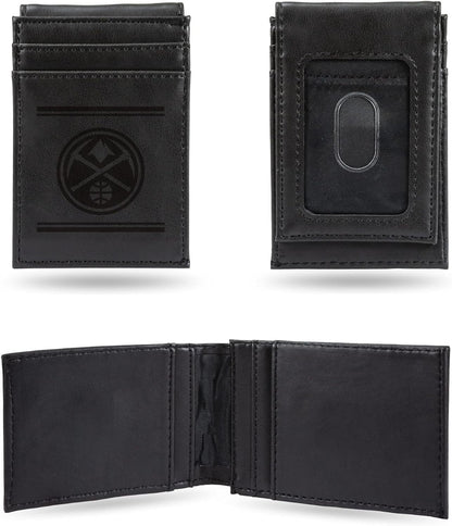 Denver Nuggets Premium Black Leather Wallet, Front Pocket Magnetic Money Clip, Laser Engraved, Vegan