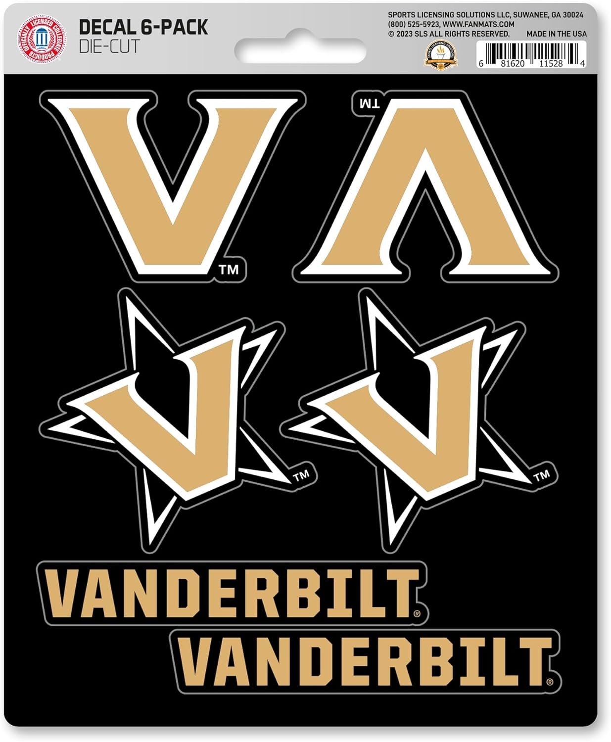 Vanderbilt University Commodores 6-Piece Decal Sticker Set, 5x6 Inch Sheet, Gift for football fans for any hard surfaces around home, automotive, personal items