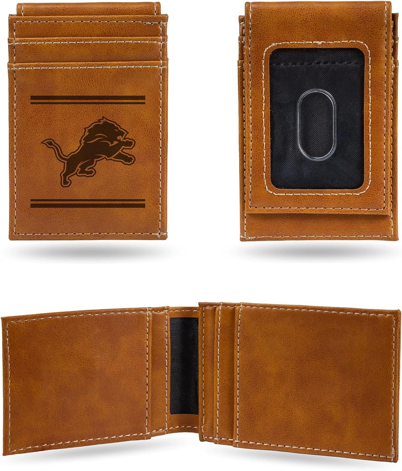 Detroit Lions Premium Brown Leather Wallet, Front Pocket Magnetic Money Clip, Laser Engraved, Vegan