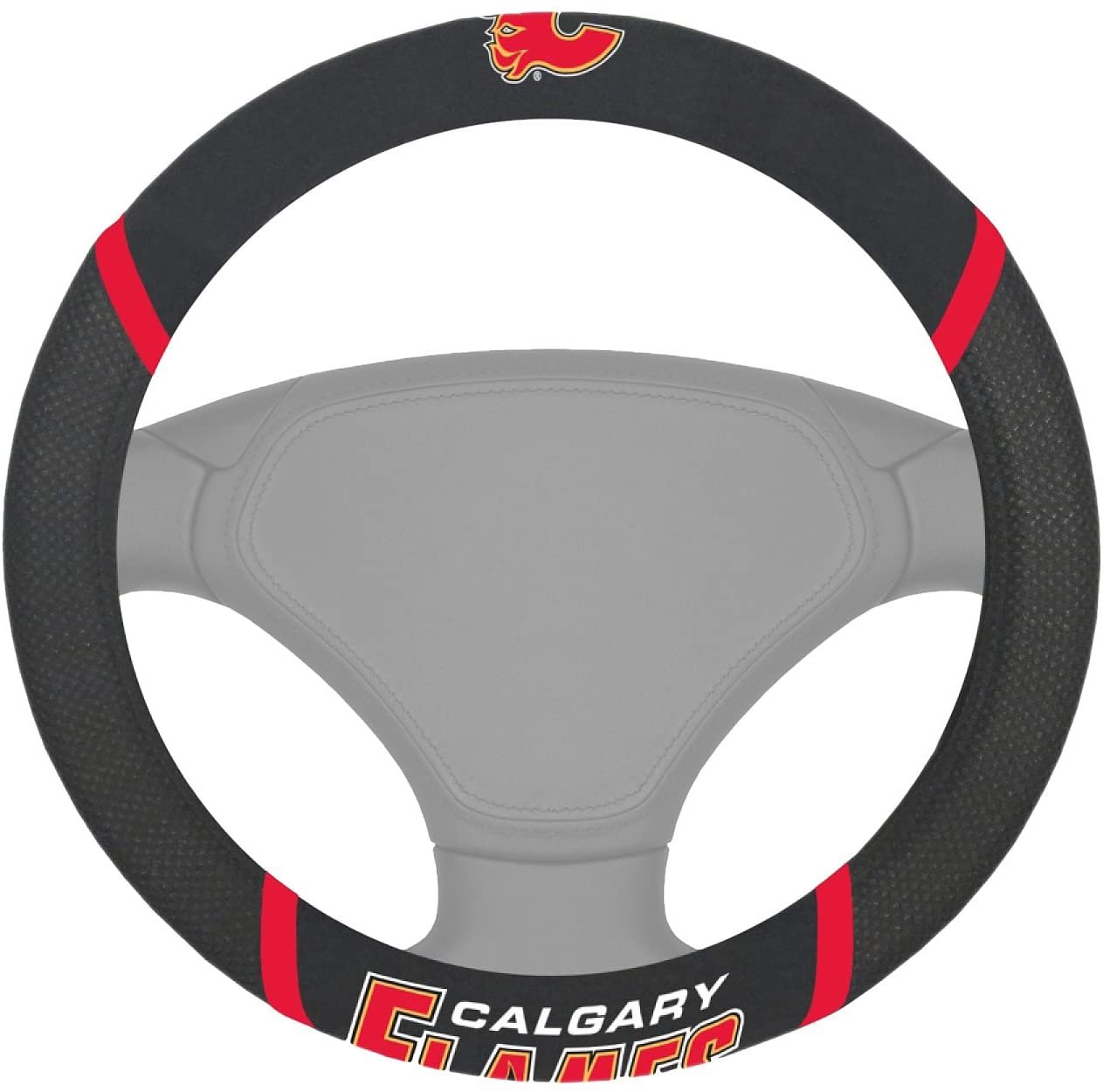 Calgary Flames Steering Wheel Cover Premium Embroidered Black 15 Inch