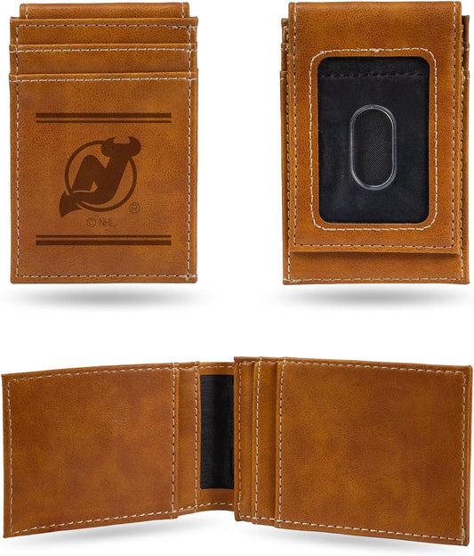 Rico Industries NHL New Jersey Devils Premium Laser Engraved Vegan Brown Leather Front Pocket Wallet - Compact and Slim yet Sturdy Design - Perfect to Show Your Team Pride or Gift